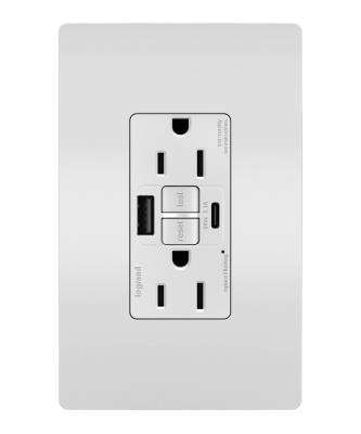 Legrand - 1597TRUSBACW - radiant - Tamper-Resistant 15A Duplex Self-Test GFCI Receptacles with SafeLock Protection, USB Type A/C White - White