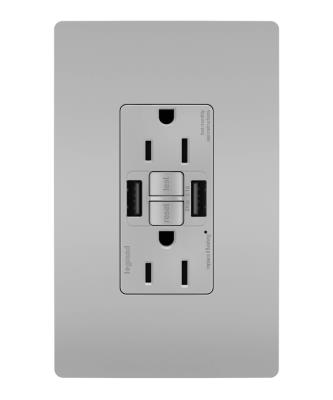 Legrand - 1597TRUSBAAGRY - radiant - Tamper-Resistant 15A Duplex Self-Test GFCI Receptacles with SafeLock Protection, USB Type A/A - Gray