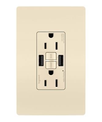 Legrand - 1597TRUSBAALA - radiant - Tamper-Resistant 15A Duplex Self-Test GFCI Receptacles with SafeLock Protection, USB Type A/A - Light Almond