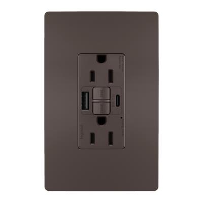 Legrand - 1597TRUSBAC - radiant - Tamper-Resistant 15A Duplex Self-Test GFCI Receptacles with SafeLock Protection, USB Type A/C - Brown