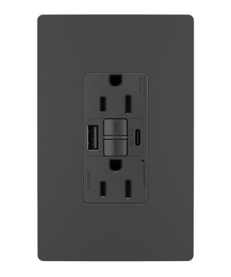 Legrand - 1597TRUSBACGC4 - radiant - Tamper-Resistant 15A Duplex Self-Test GFCI Receptacles with SafeLock Protection, USB Type A/C C4 - Graphite