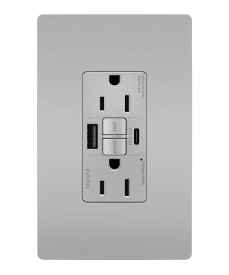 Legrand - 1597TRUSBACGRY - radiant - Tamper-Resistant 15A Duplex Self-Test GFCI Receptacles with SafeLock Protection, USB Type A/C - Gray