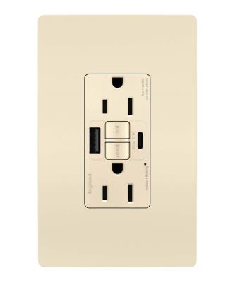 Legrand - 1597TRUSBACLA - radiant - Tamper-Resistant 15A Duplex Self-Test GFCI Receptacles with SafeLock Protection, USB Type A/C - Light Almond