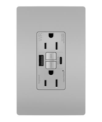 Legrand - 1597TRWRUSBACGRY - radiant - Tamper Weather-Resistant 15A Duplex Self-Test GFCI Receptacles w SafeLock, USB Type A/C Outlets - Gray