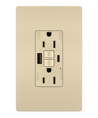 Legrand - 1597TRWRUSBACI - radiant - Tamper Weather-Resistant 15A Duplex Self-Test GFCI Receptacles w SafeLock, USB Type A/C Outlets - Ivory