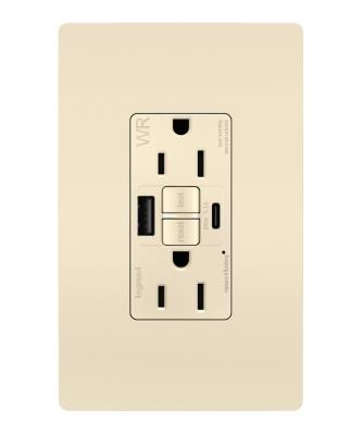 Legrand - 1597TRWRUSBACLA - radiant - Tamper Weather-Resistant 15A Duplex Self-Test GFCI Receptacles w SafeLock, USB Type A/C Outlets - Light Almond
