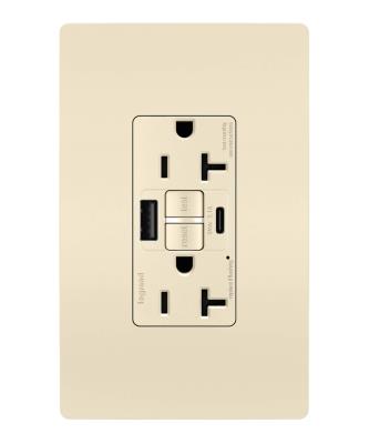 Legrand - 2097TRUSBACLA - radiant - Tamper-Resistant 20A Duplex Self-Test GFCI Receptacles with SafeLock Protection, Type A/C Outlet - Light Almond