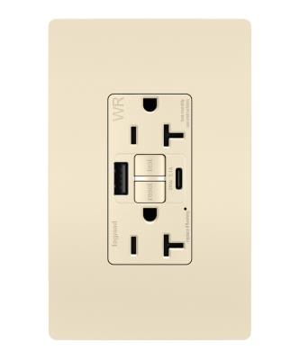 Legrand - 2097TRWRUSBACLA - radiant - Tamper-Resistant Weather-Resistant Duplex Self-Test GFCI with USB Type A/C Outlet - Light Almond